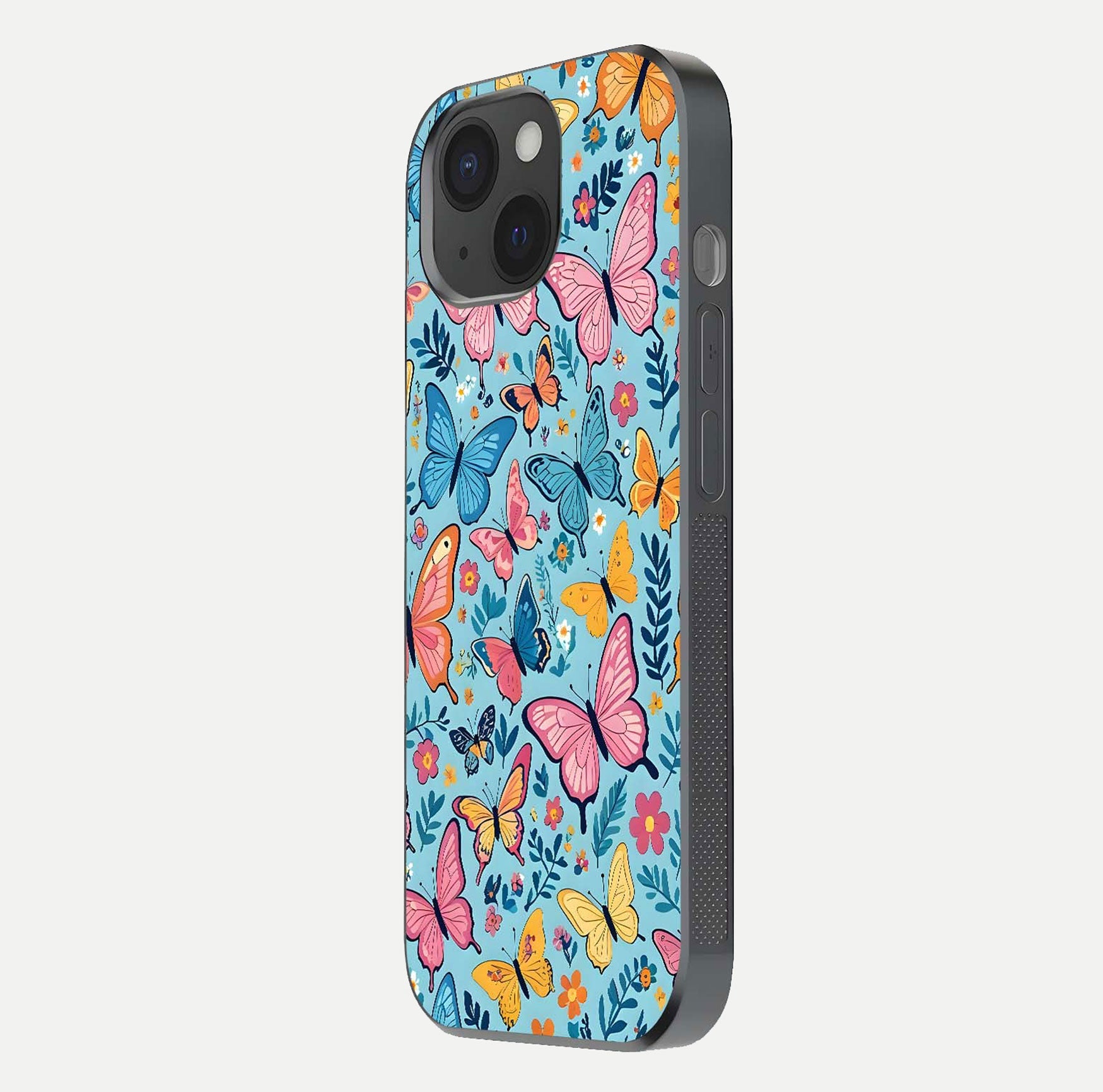 Spring Wing Garden Glass Case for iPhone 15 side-angle image showing shine, color, and pattern depth