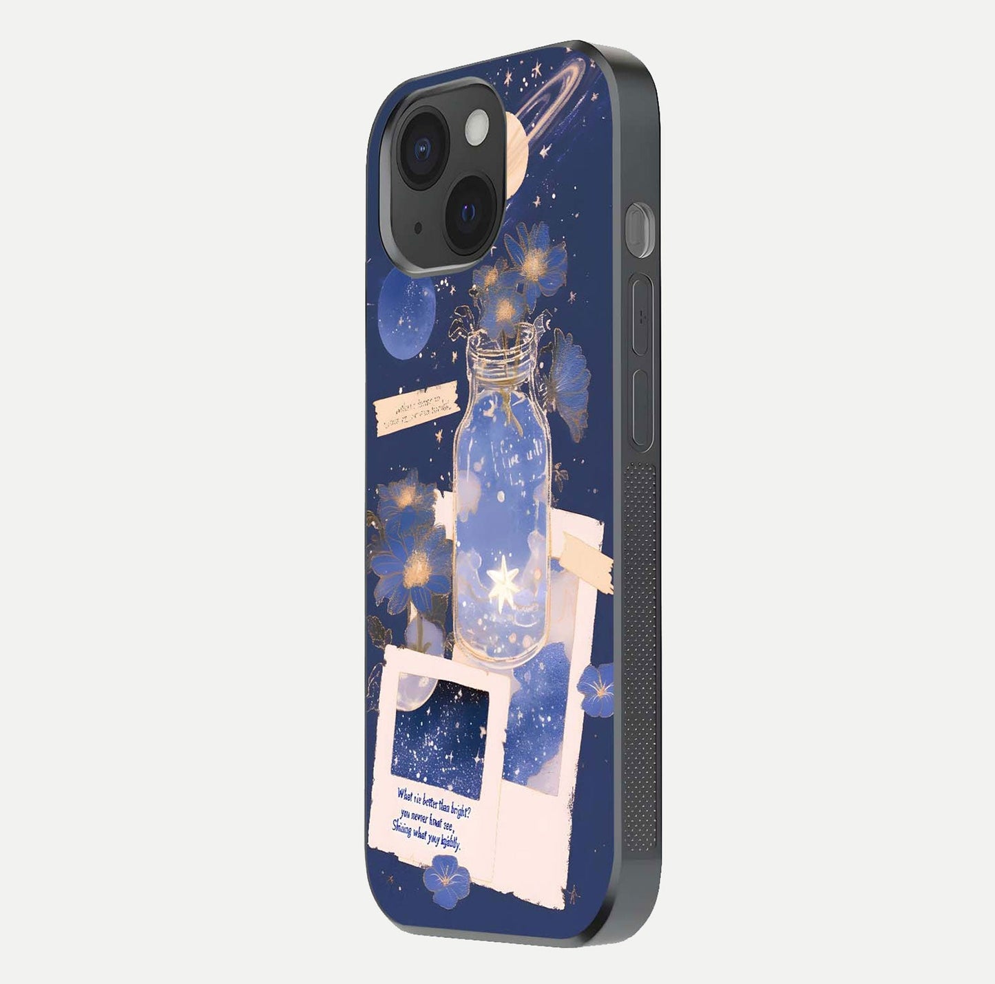 Starlit Cosmic Jar Glass Case for iPhone 15 side-angle image showing glow, texture, and light reflection