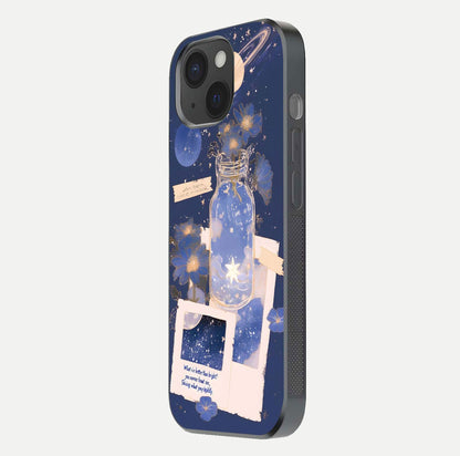Starlit Cosmic Jar Glass Case for iPhone 15 side-angle image showing glow, texture, and light reflection