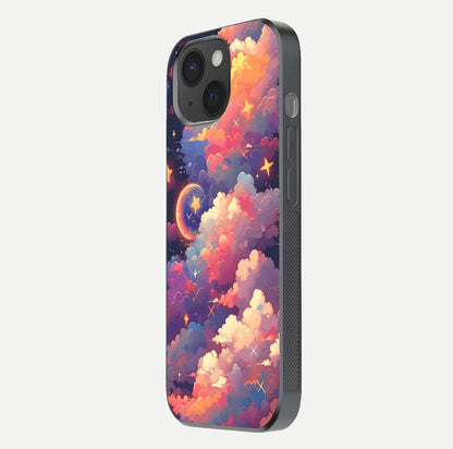 Starlit Dream Clouds Glass Case for iPhone 15 side-angle image showing shine, reflection, and dreamy tones