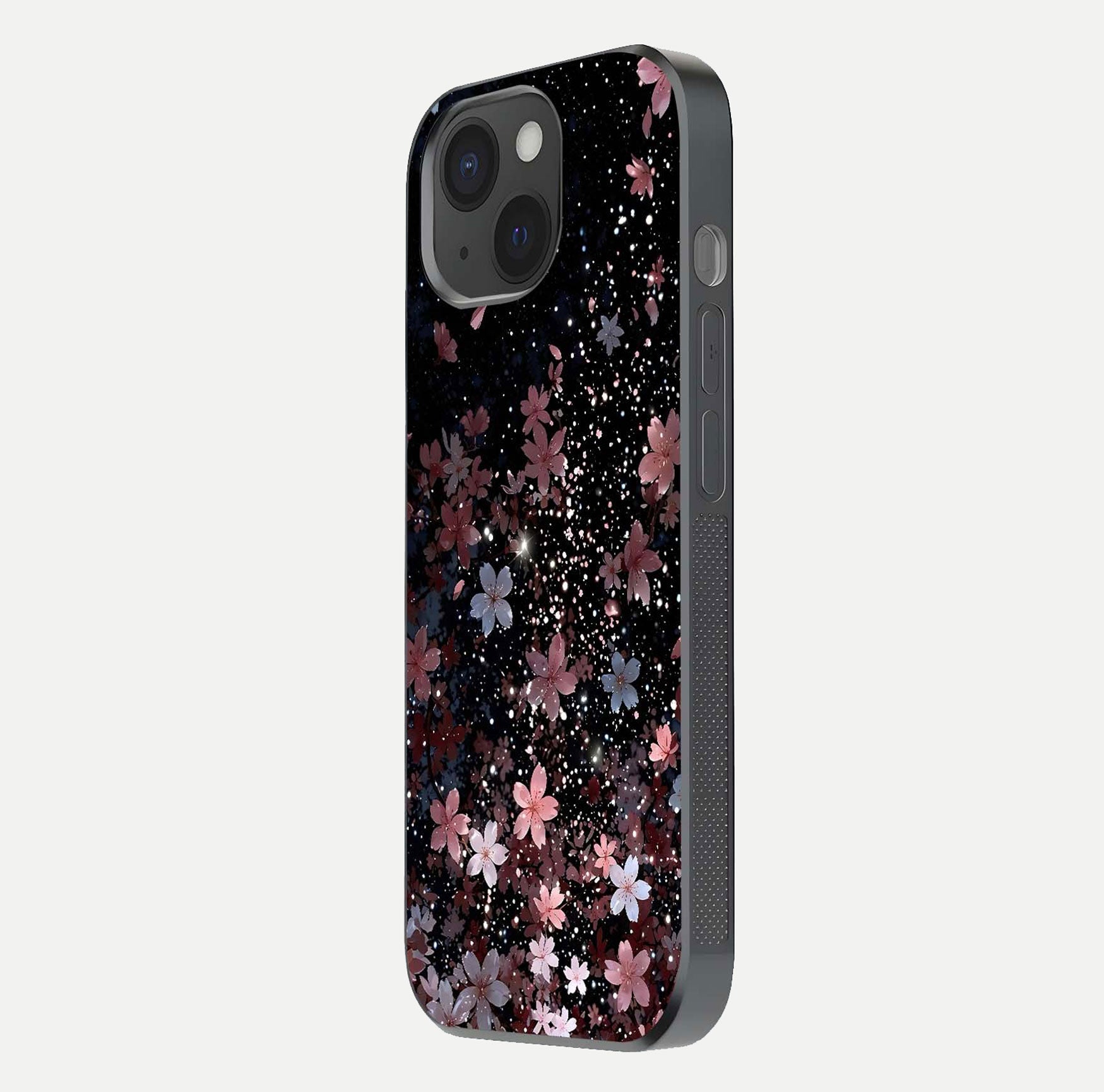 Starlit Flower Dreams Glass Case for iPhone 15 side-angle image showing shine, edge detail, and floral contrast