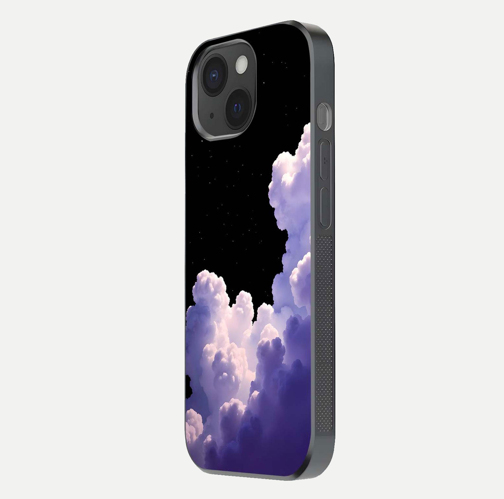 Starlit Night Whispers Glass Case for iPhone 15 side-angle image showing reflection and night pattern shine