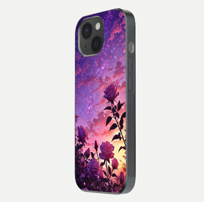 Starlit Rose Twilight Glass Case for iPhone 15 side-angle image showing reflection and petal contrast