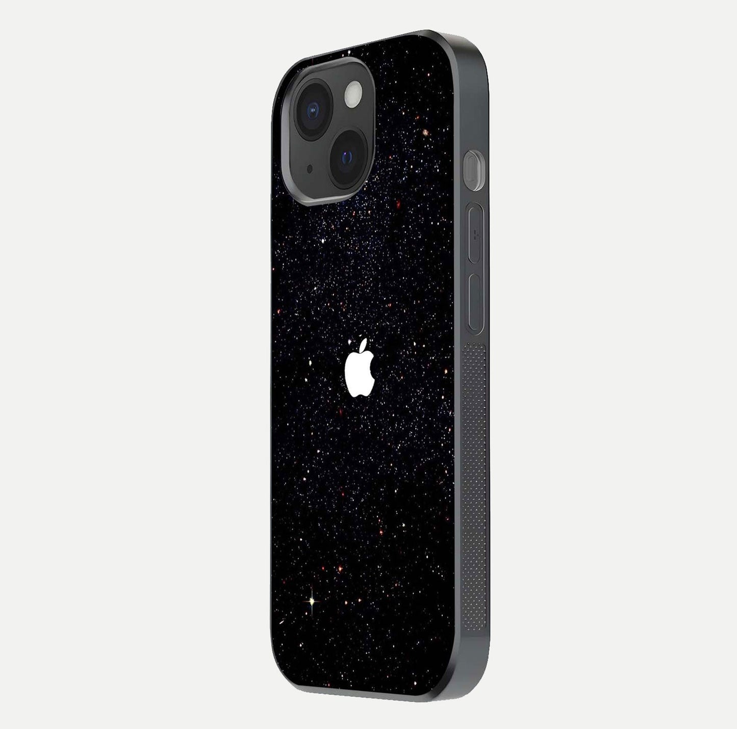 Starry Apple Galaxy Glass Case for iPhone 15 side-angle image showing gloss and star pattern detail