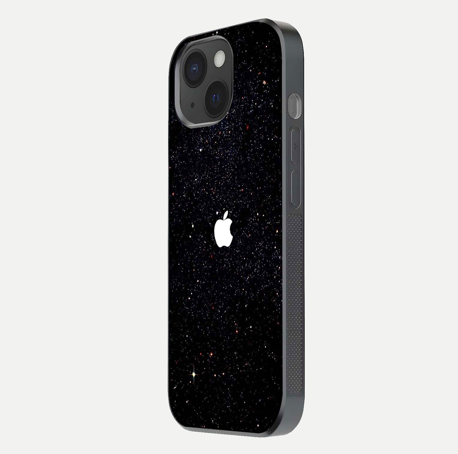 Starry Apple Galaxy Glass Case for iPhone 15 side-angle image showing gloss and star pattern detail