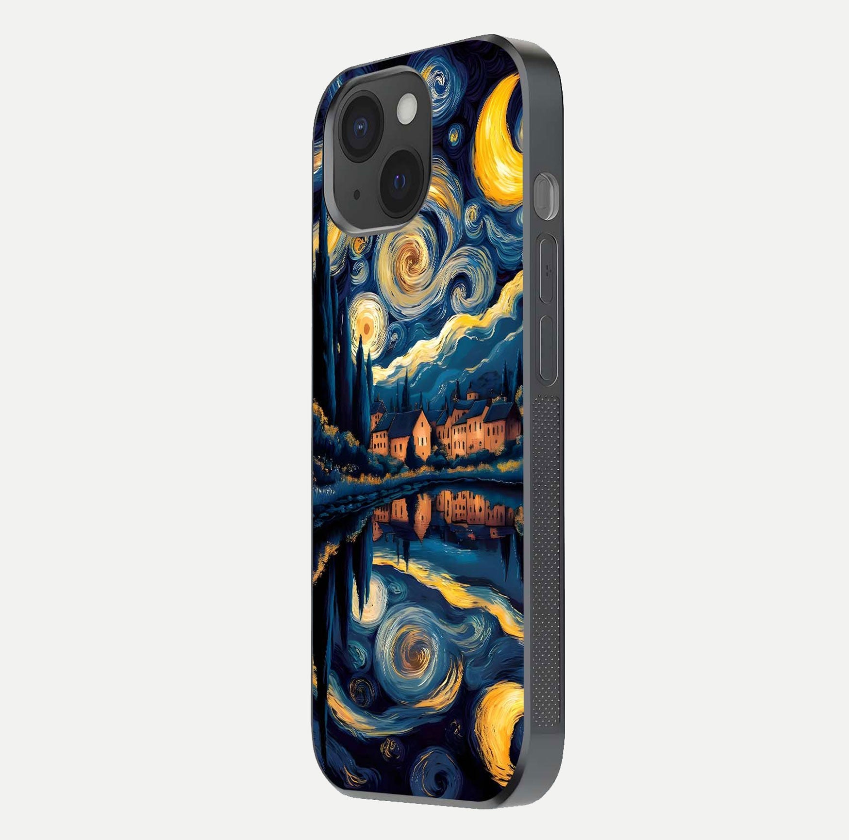 Starry Sky Serenity Glass Case for iPhone 15 side-angle image showing reflection and night-sky detail