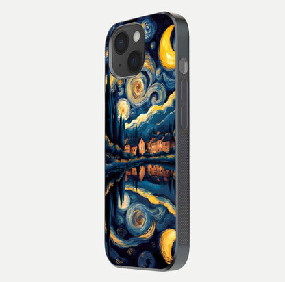 Starry Sky Serenity Glass Case for iPhone 15 side-angle image showing reflection and night-sky detail