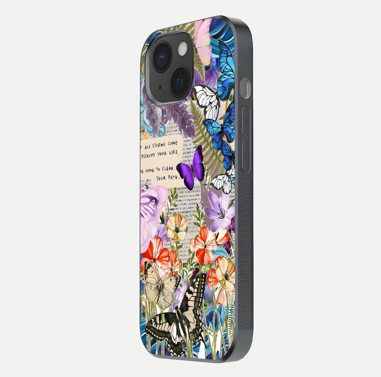 Storm Path Bloom Glass Case for iPhone 15 side-angle image showing reflection, color contrast, and shine