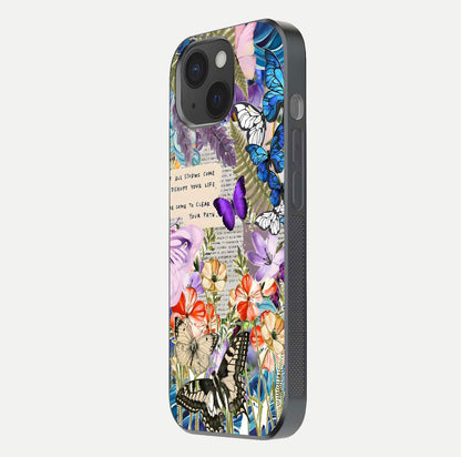 Storm Path Bloom Glass Case for iPhone 15 side-angle image showing reflection, color contrast, and shine