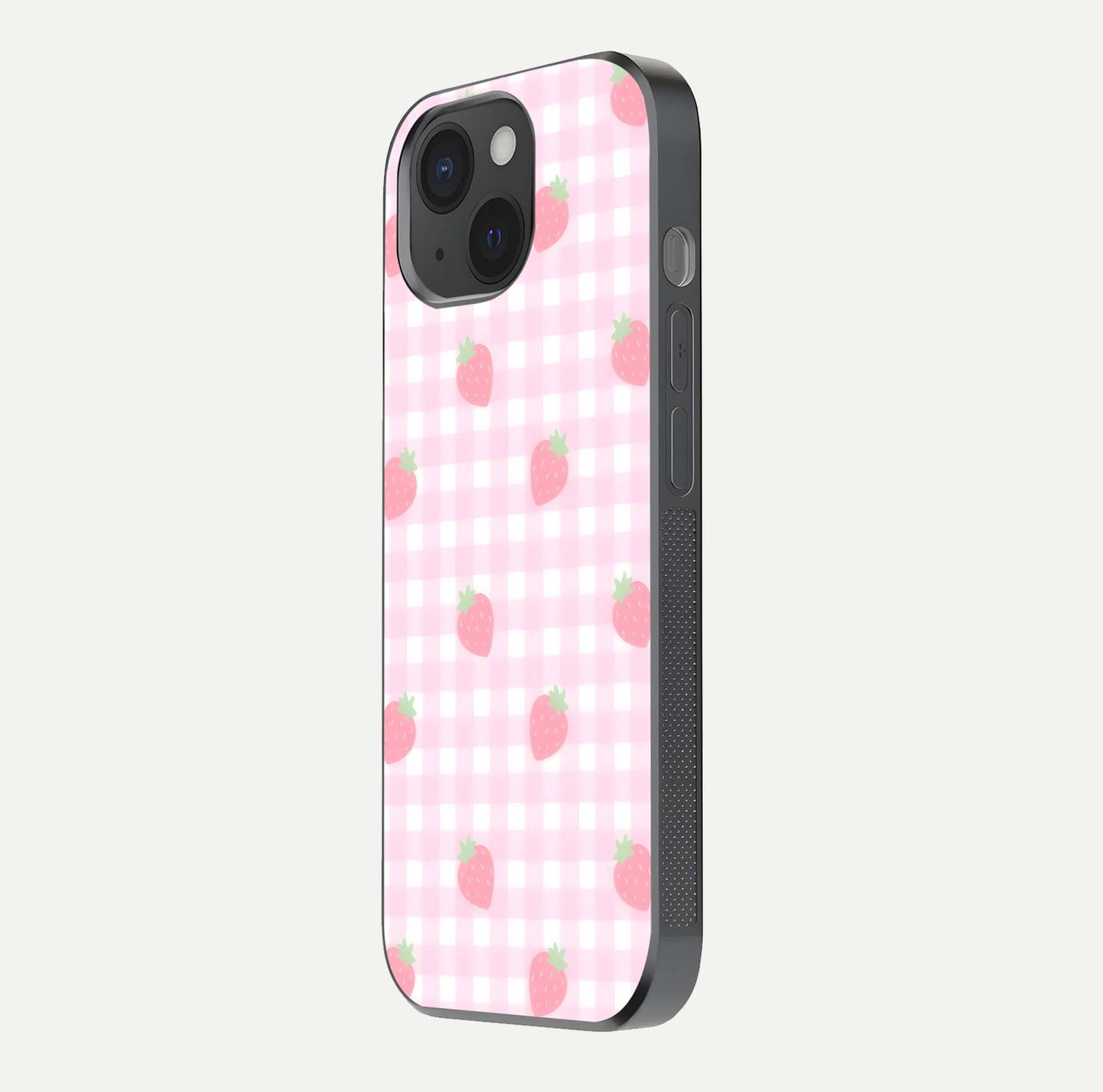 Strawberry Picnic Love iPhone 15  glass phone case side profile view focusing on smooth frame and seamless wrap