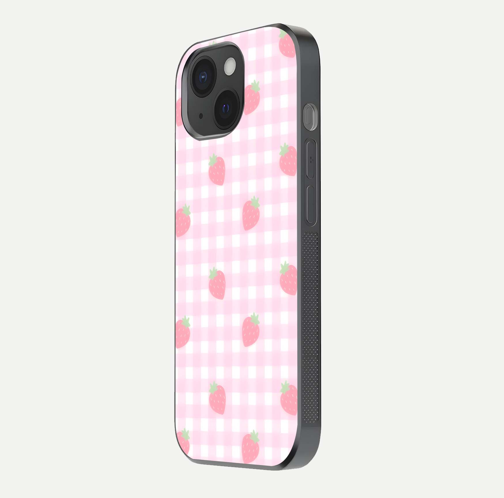 Strawberry Picnic Love iPhone 15  glass phone case side profile view focusing on smooth frame and seamless wrap
