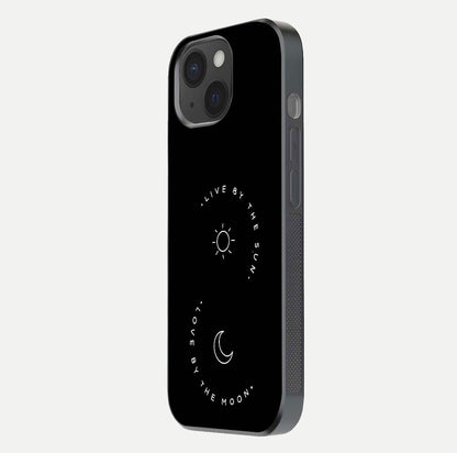 Sun Moon Balance Glass Case for iPhone 15 side-angle image showing reflection and celestial detailing