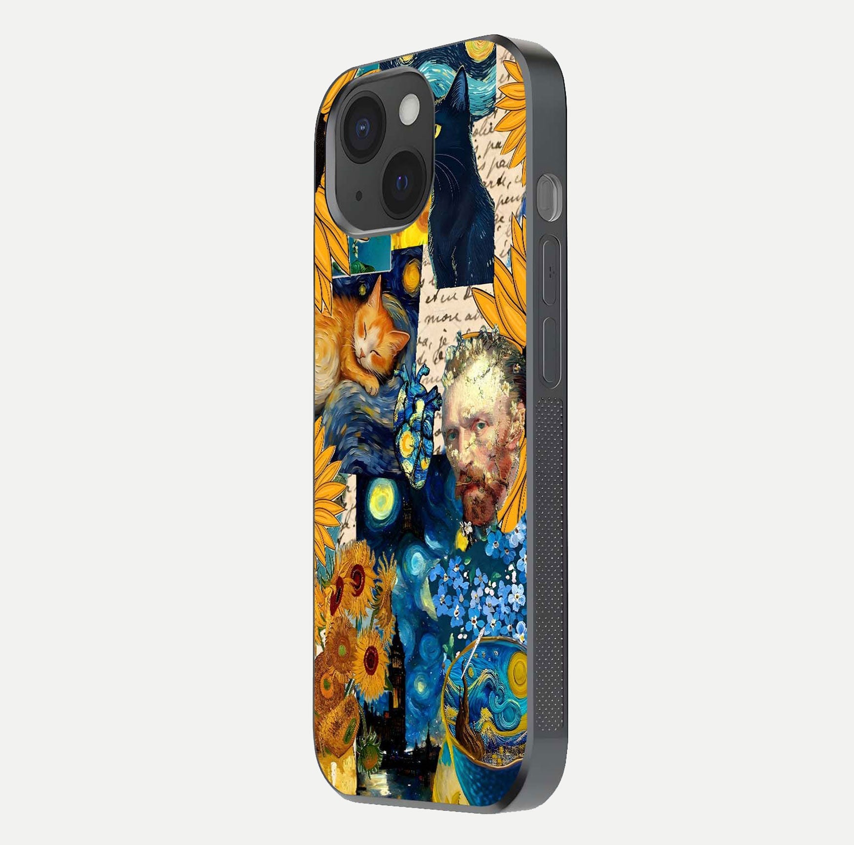 Sunflower Cat Art Glass Case for iPhone 15 side-angle image showing shine, edges, and sunflower texture