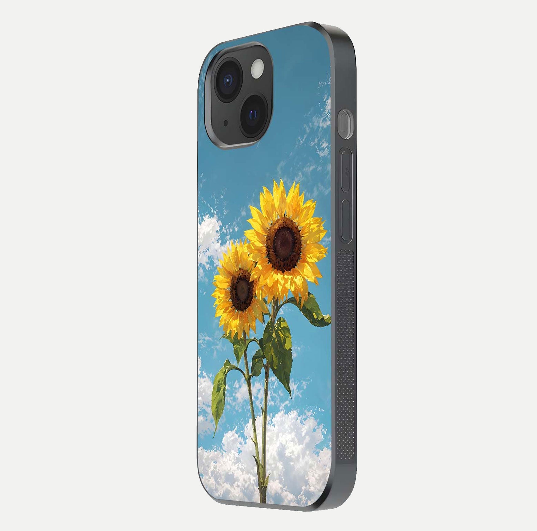 Sunflower Sky Bloom Glass Case for iPhone 15 side-angle image showing reflection, edges, and sunflower color