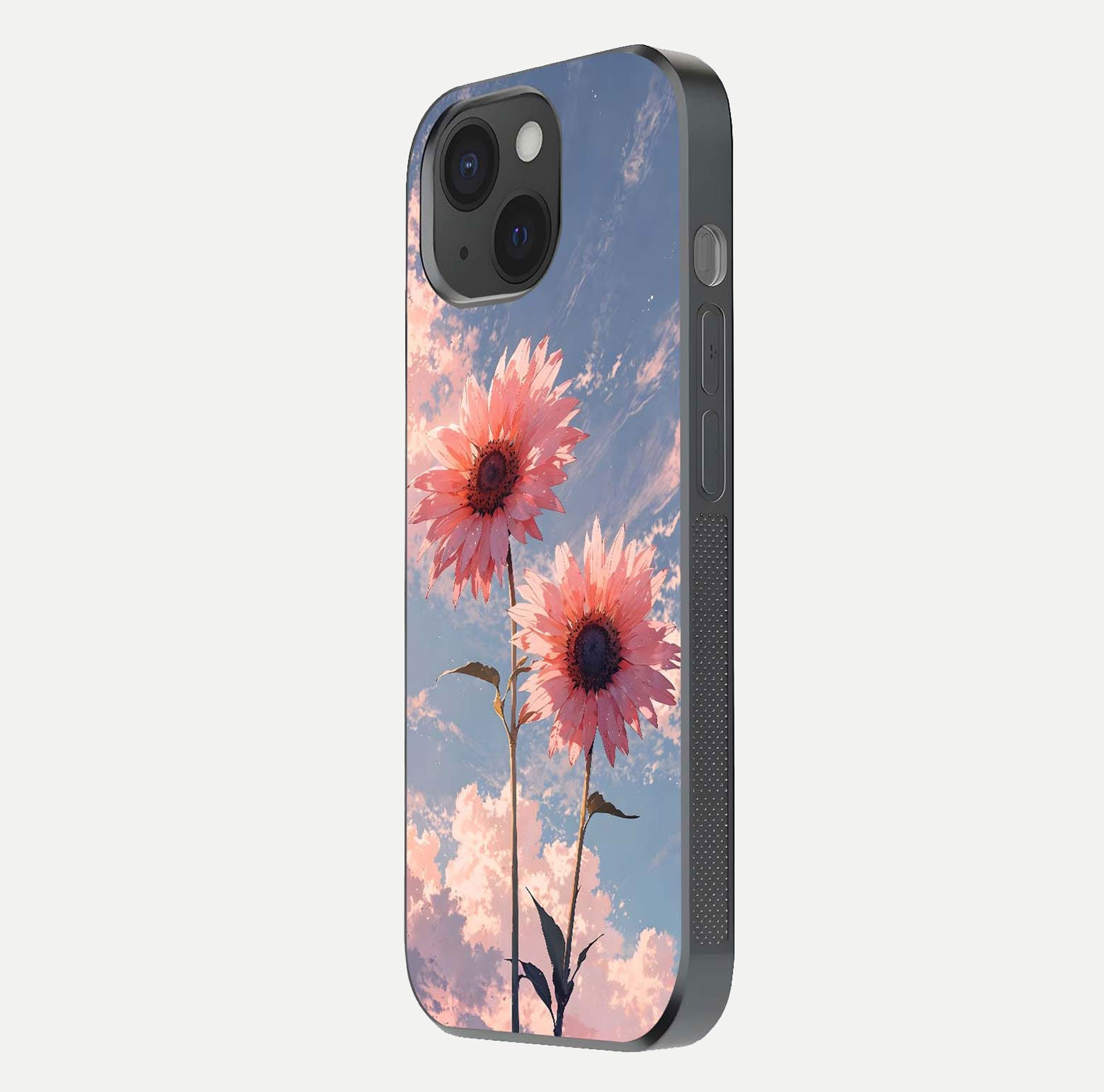 Sunlit Daisy Glow Glass Case for iPhone 15 side-angle image showing shine, gloss, and floral highlight