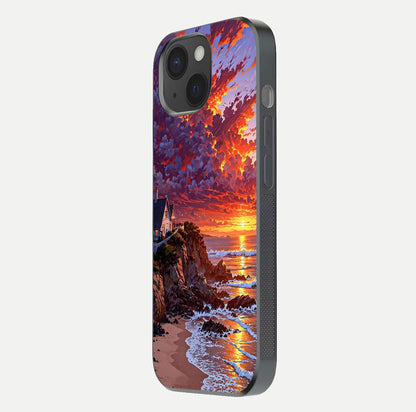 Sunset House by Sea Glass Case for iPhone 15 side-angle image showing reflection and seaside color tone