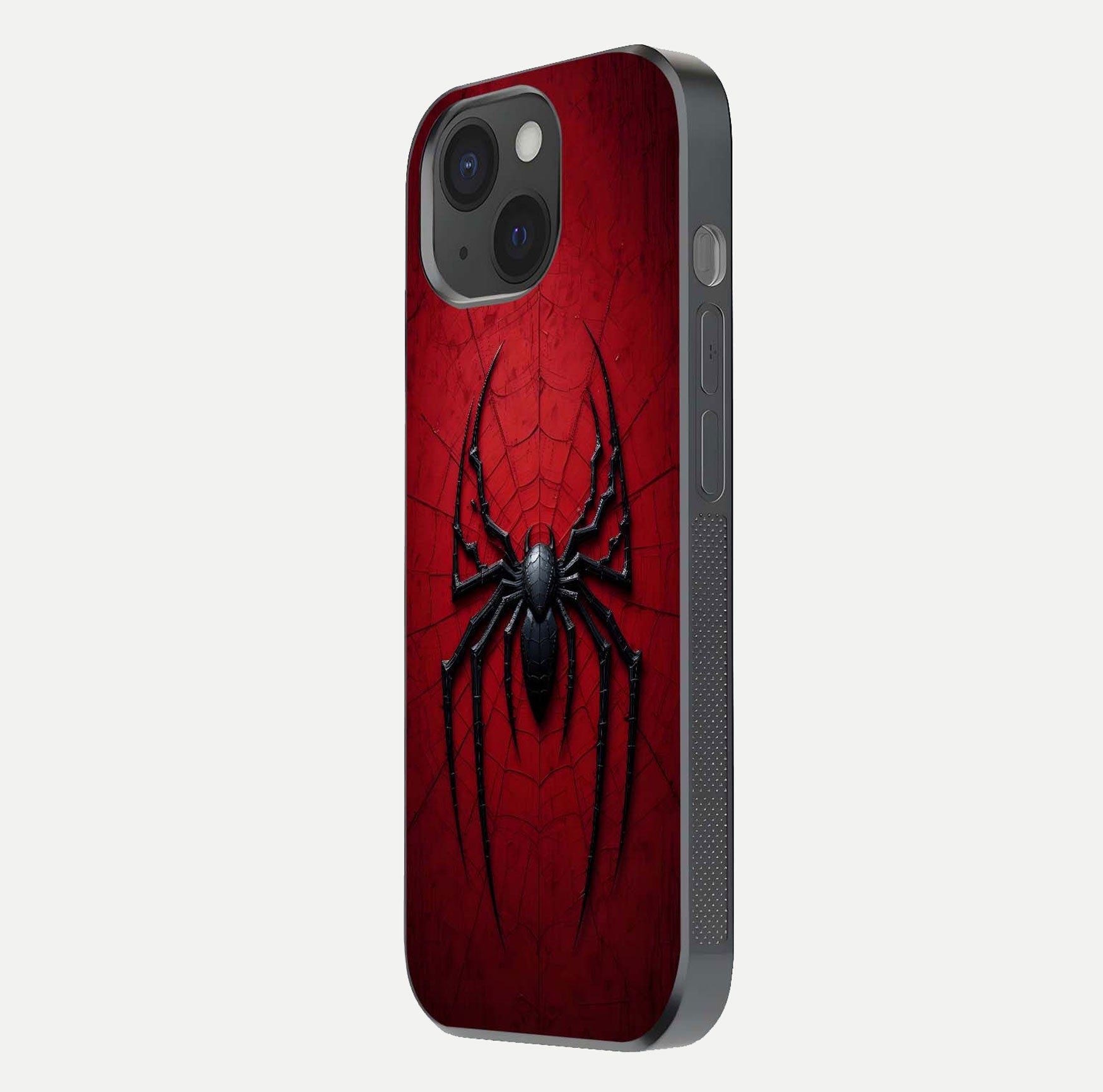 Venom Web Emblem Glass Case for iPhone 15 side-angle image showing reflection and dark color tones