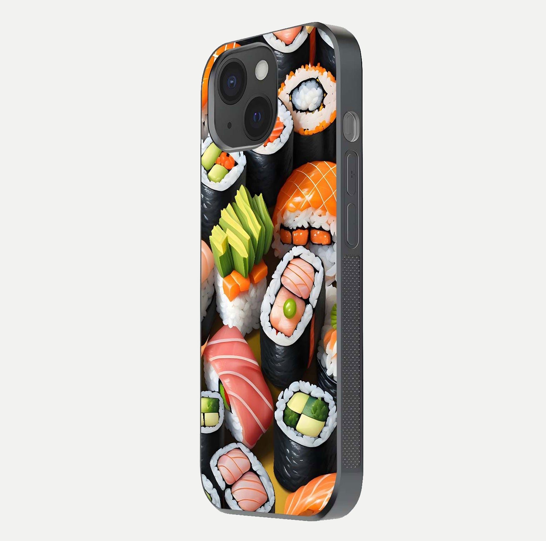 Sushi Food Pattern Glass Case for iPhone 15 side-angle image showing shine, gloss, and sushi artwork