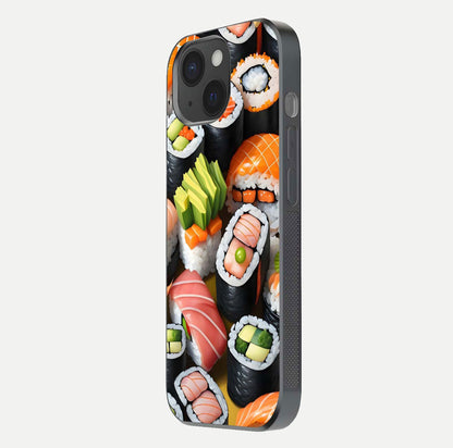 Sushi Food Pattern Glass Case for iPhone 15 side-angle image showing shine, gloss, and sushi artwork