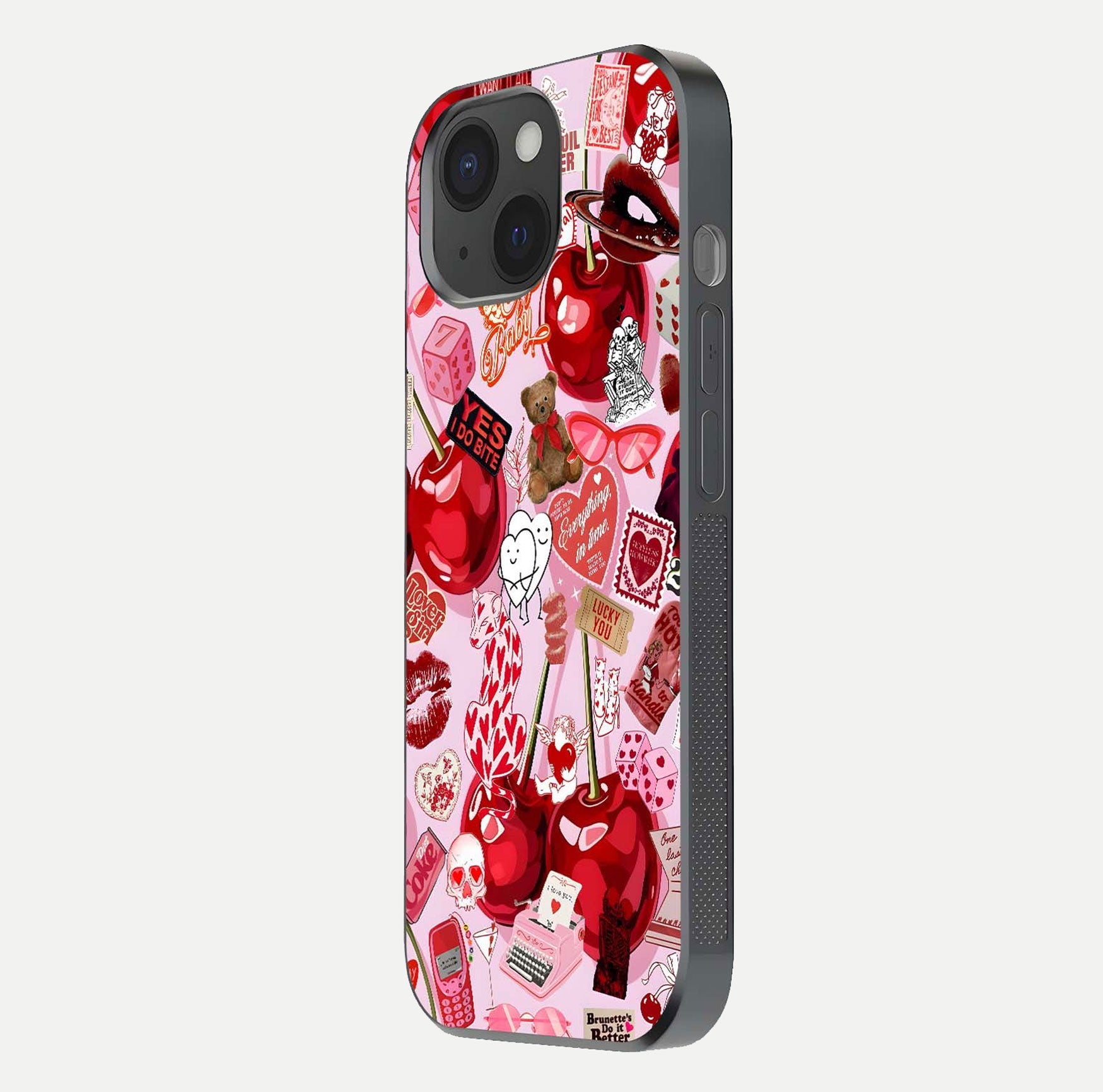Sweet Cherry Chaos Glass Case for iPhone 15 side-angle image showing shine, gloss, and cherry details