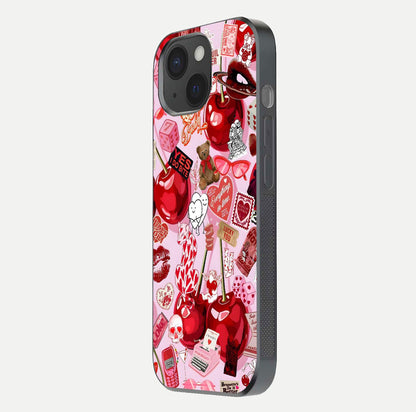 Sweet Cherry Chaos Glass Case for iPhone 15 side-angle image showing shine, gloss, and cherry details