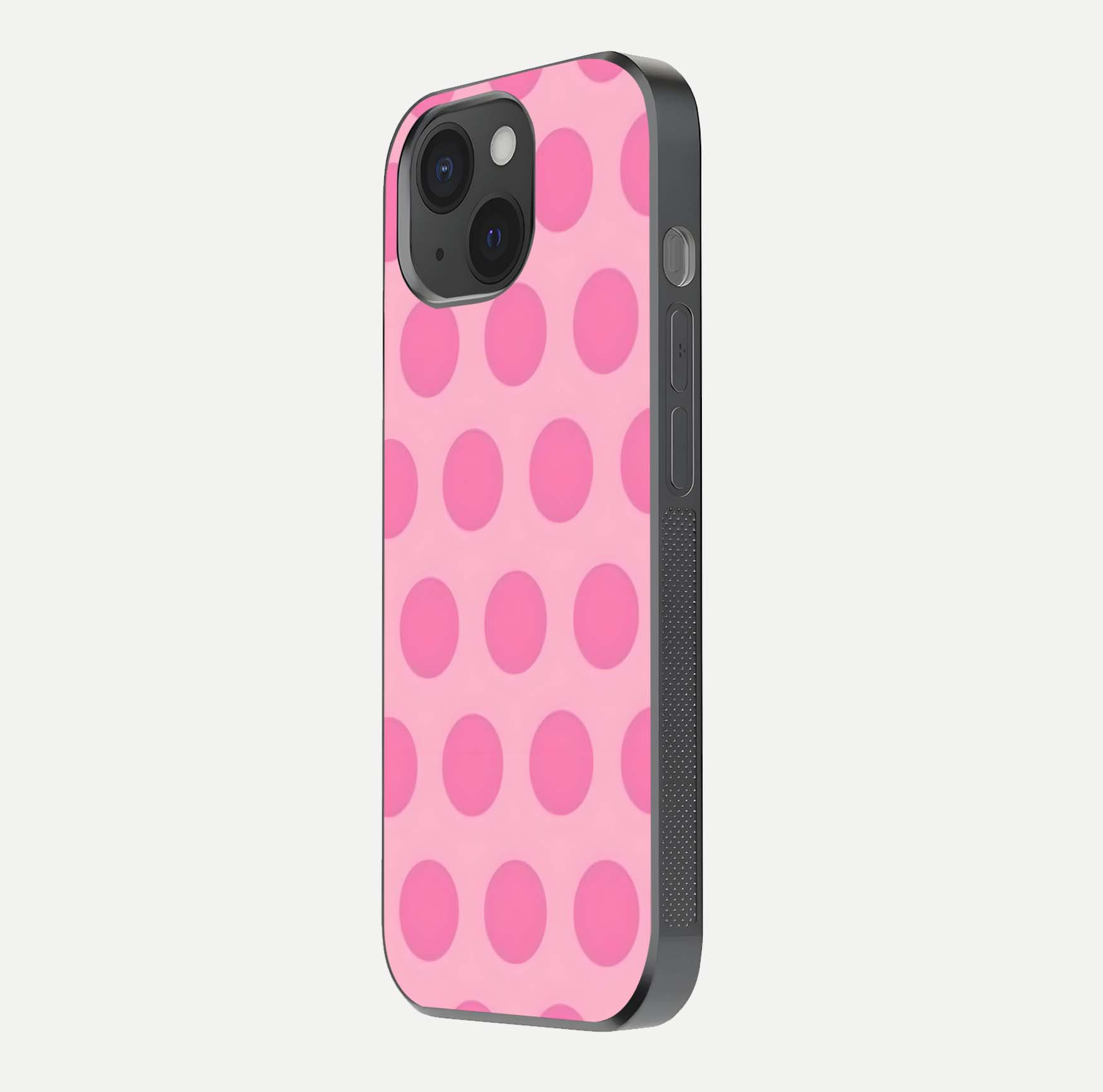 Sweet Dot Dreams iPhone 15  glass phone case side profile view focusing on sleek edges and seamless wrap