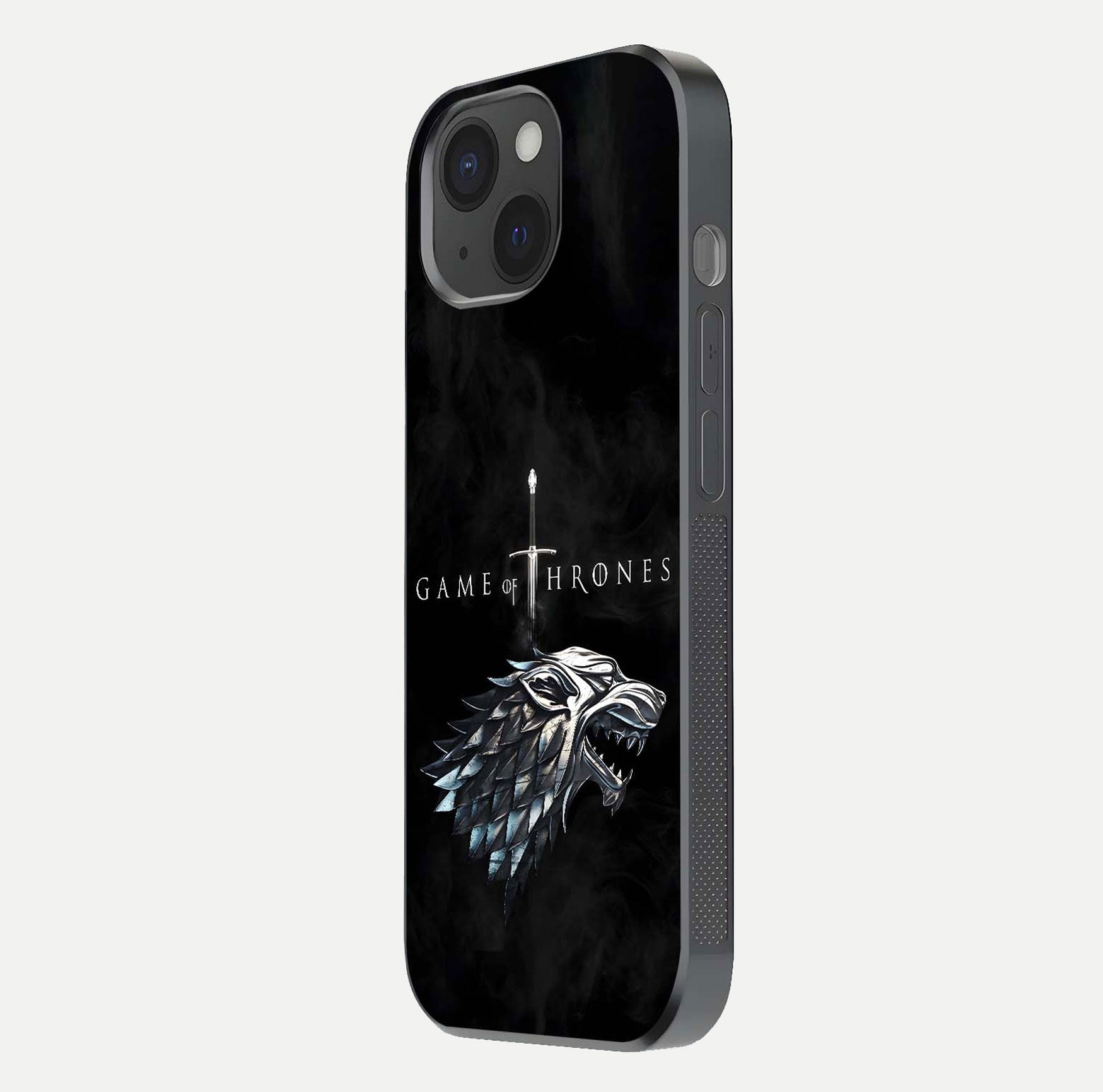 Throne Wolf Legacy Glass Case for iPhone 15 side-angle image showing gloss, texture, and HD print