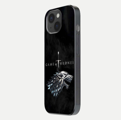 Throne Wolf Legacy Glass Case for iPhone 15 side-angle image showing gloss, texture, and HD print