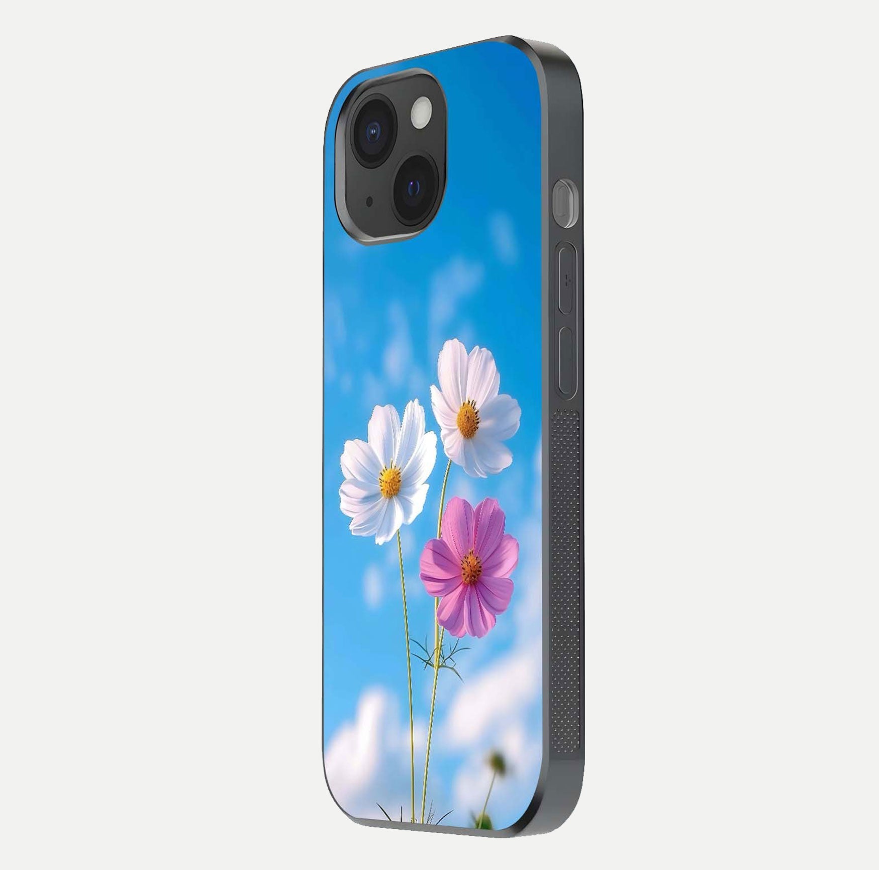 Triple Flowers With Sky Glass Case for iPhone 15 side-angle image showing gloss, texture, and floral design
