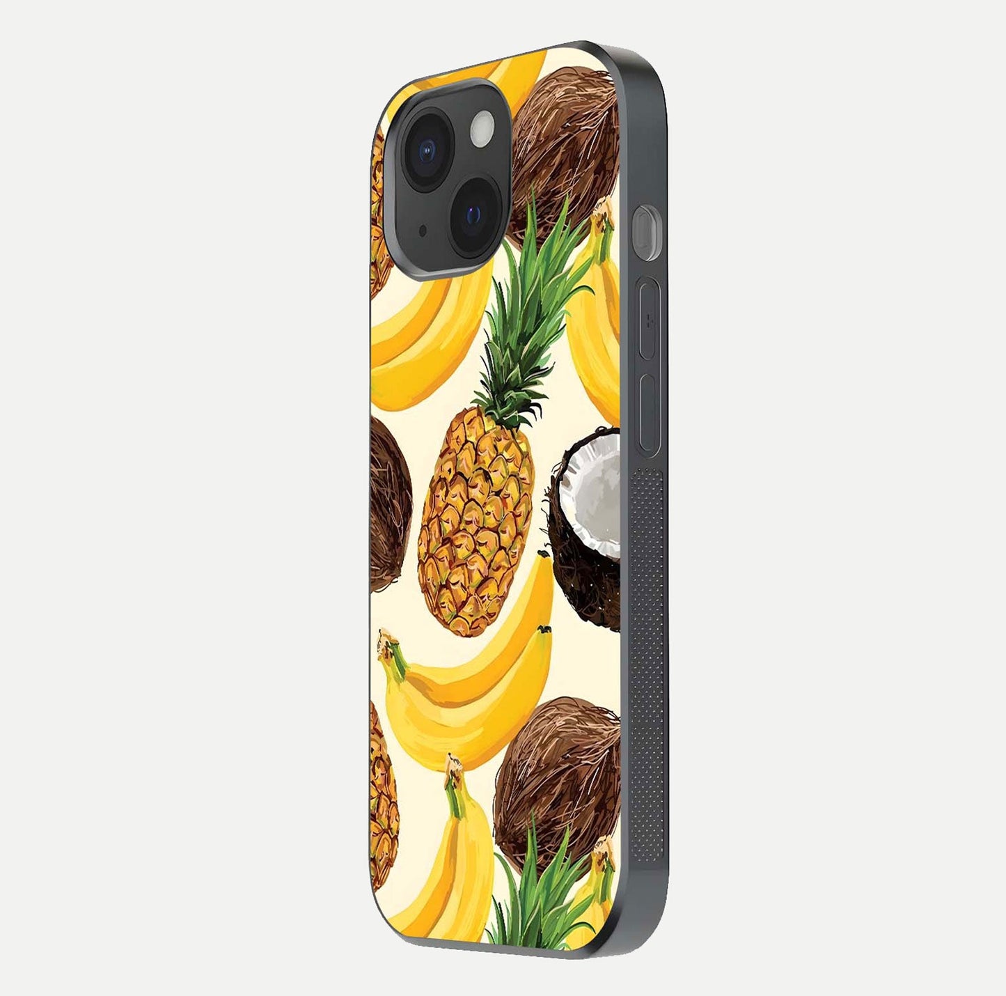 Tropical Fruit Mood Glass Case for iPhone 15 side-angle image showing reflection, gloss, and fruit details