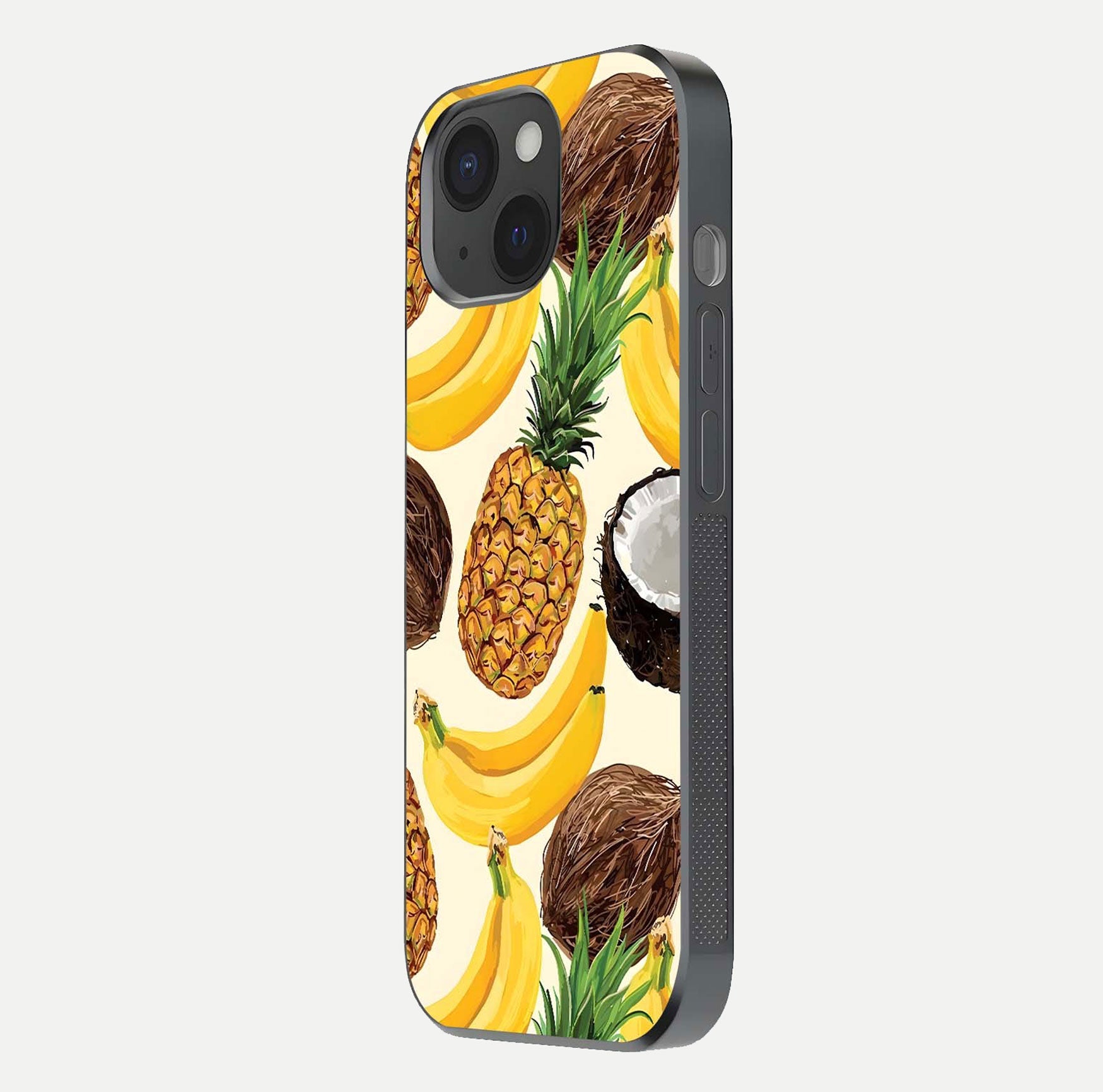 Tropical Fruit Mood Glass Case for iPhone 15 side-angle image showing reflection, gloss, and fruit details