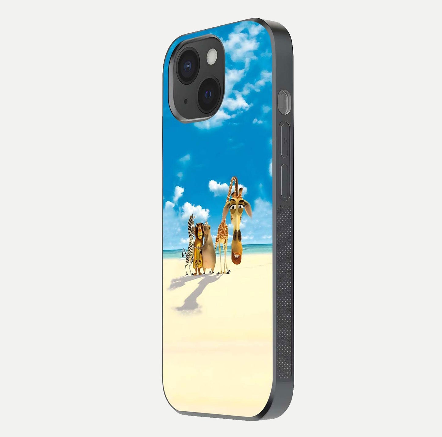 Tropical Fun Squad Glass Case for iPhone 15 side-angle image showing shine, color depth, and surface gloss