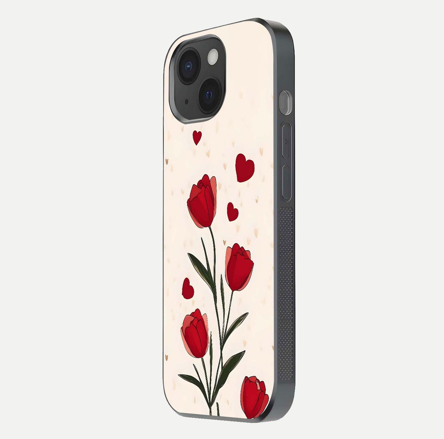 Tulip With Heart Glass Case for iPhone 15 side-angle image showing floral reflection and subtle gradient