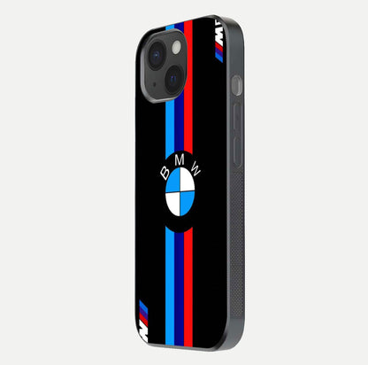 Turbo BMW Beast Glass Case for iPhone 15 side-angle image showing reflection and sleek edge styling