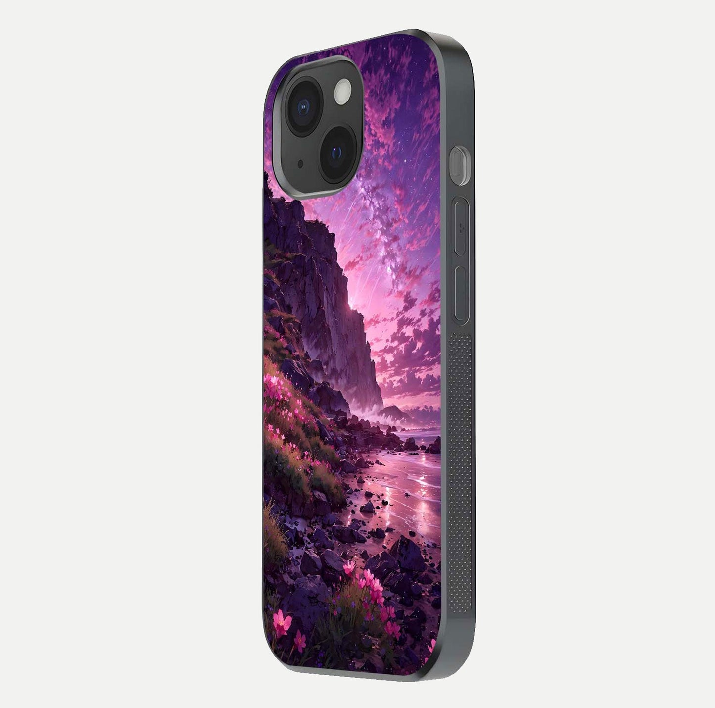 Twilight Blossom Coast Glass Case for iPhone 15 side-angle image showing shine, reflection, and petal tone