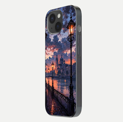 Twilight River Lights Glass Case for iPhone 15 side-angle image showing reflections, lighting, and gradient tones
