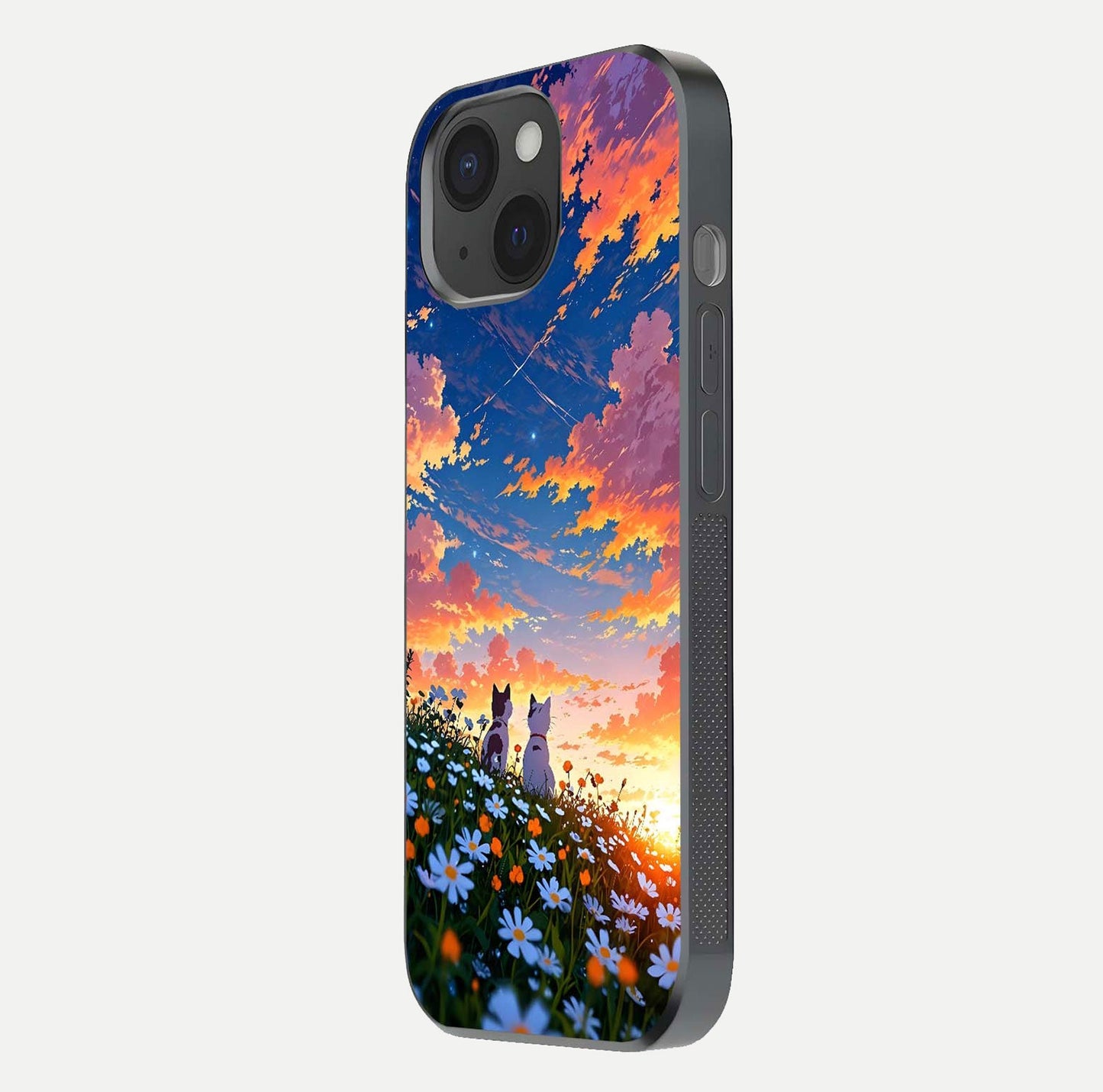Two Cats Friends Glass Case for iPhone 15 side-angle image showing reflection, gloss, and color depth