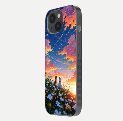 Two Cats Friends Glass Case for iPhone 15 side-angle image showing reflection, gloss, and color depth
