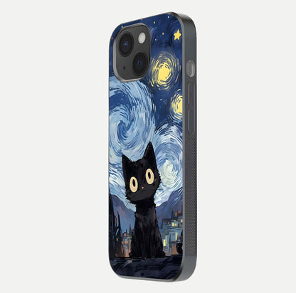 Van Gogh Cat Glass Case for iPhone 15 side-angle image showing light reflection and vivid artwork