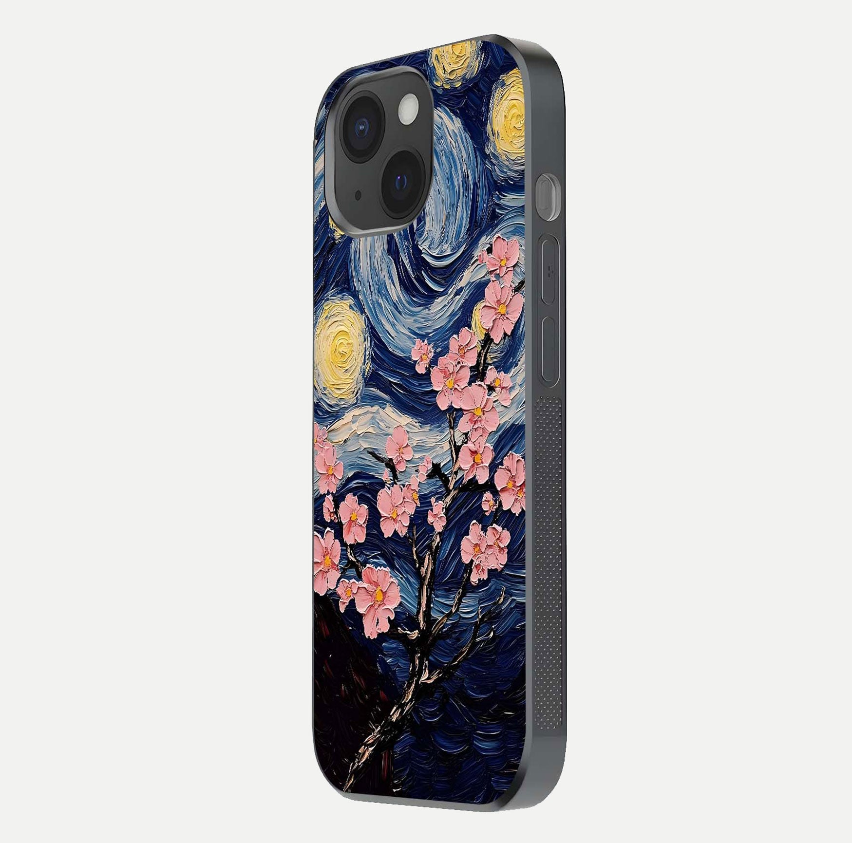 Van Gogh Scenery Glass Case for iPhone 15 side-angle image showing shine, gloss, and scenic color palette