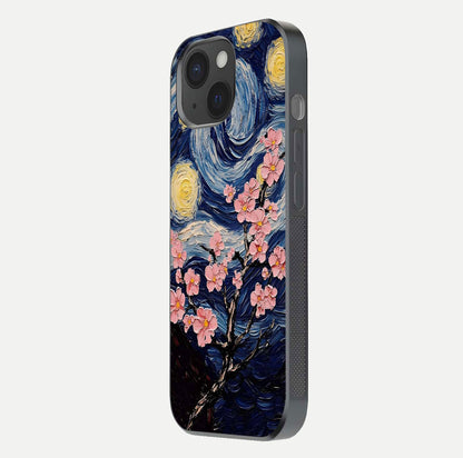 Van Gogh Scenery Glass Case for iPhone 15 side-angle image showing shine, gloss, and scenic color palette