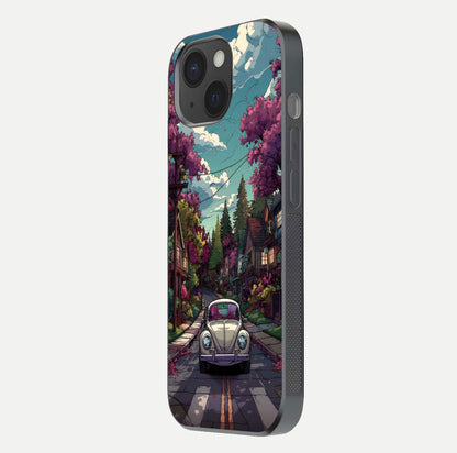 Vintage Street Drive Glass Case for iPhone 15 side-angle image showing gloss reflection and design detail