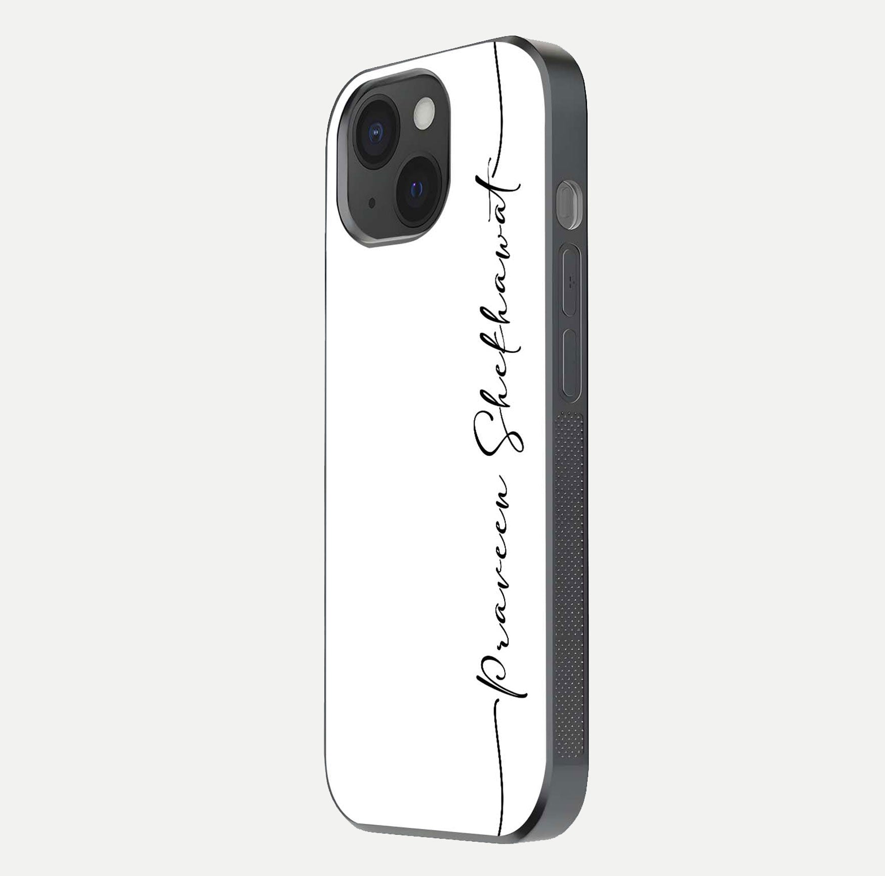 White Tune Custom Name Glass Case for iPhone 15 side-angle image showing shine, gloss, and minimal tone