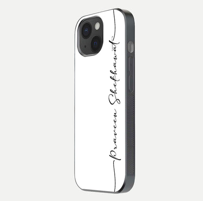 White Tune Custom Name Glass Case for iPhone 15 side-angle image showing shine, gloss, and minimal tone