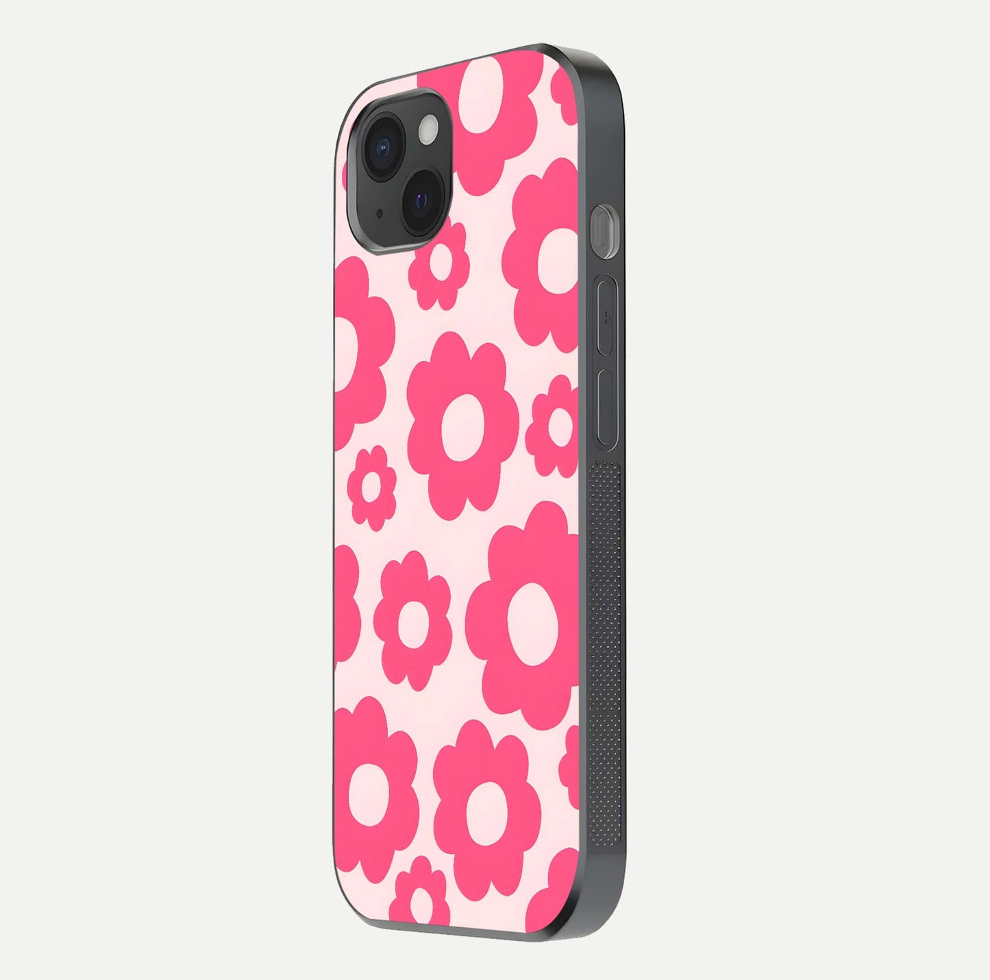 Blush Flower Pop iPhone 15 Plus glass phone case side profile view focusing on clean edges and seamless floral wrap