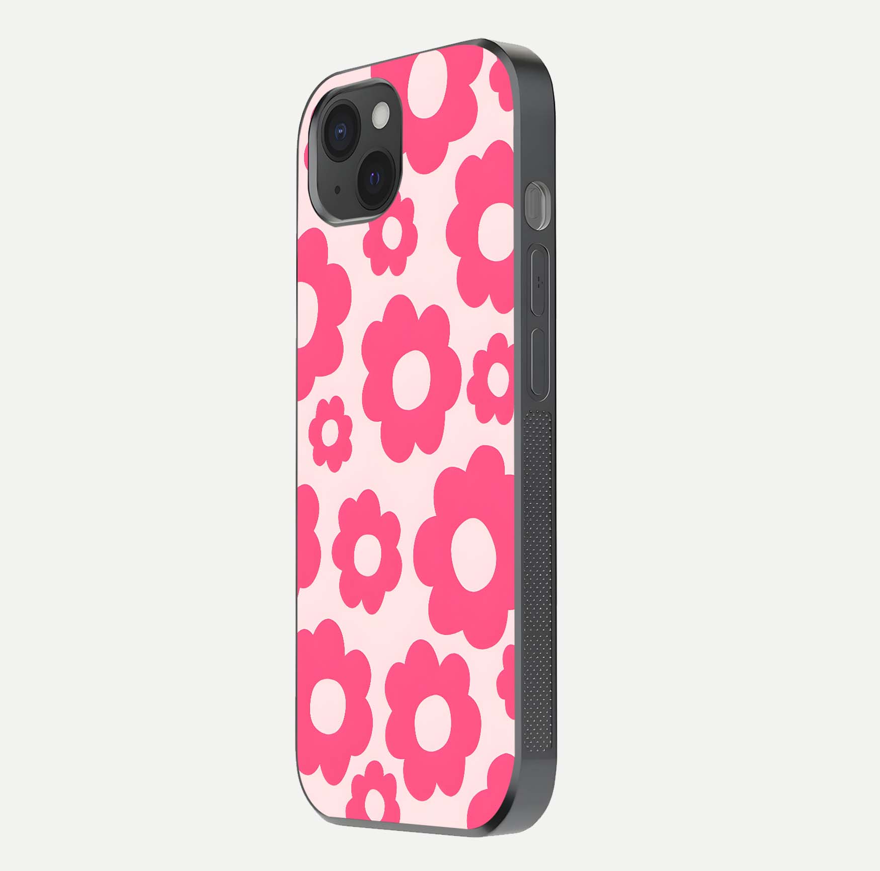 Blush Flower Pop iPhone 15 Plus glass phone case side profile view focusing on clean edges and seamless floral wrap