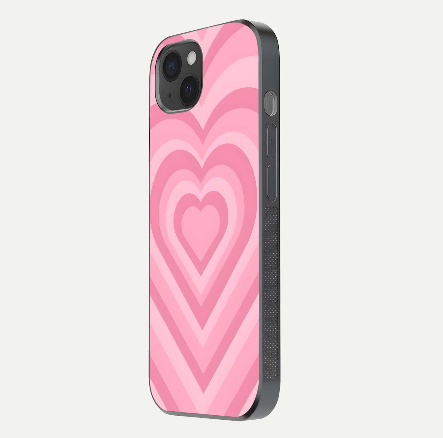Blush Heart Waves iPhone 15 Plus glass phone case side profile view focusing on smooth edges and elegant wrap