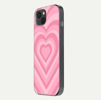 Blush Heart Waves iPhone 15 Plus glass phone case side profile view focusing on smooth edges and elegant wrap