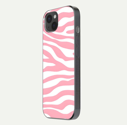 Blush Zebra Flow iPhone 15 Plus glass phone case side profile view focusing on sleek frame and seamless wrap