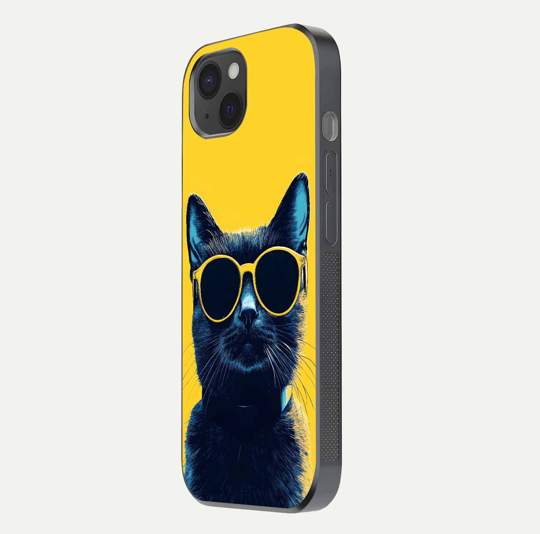 Cool Cat Vibes iPhone 15 Plus glass phone case side profile view focusing on sleek edges and seamless wrap